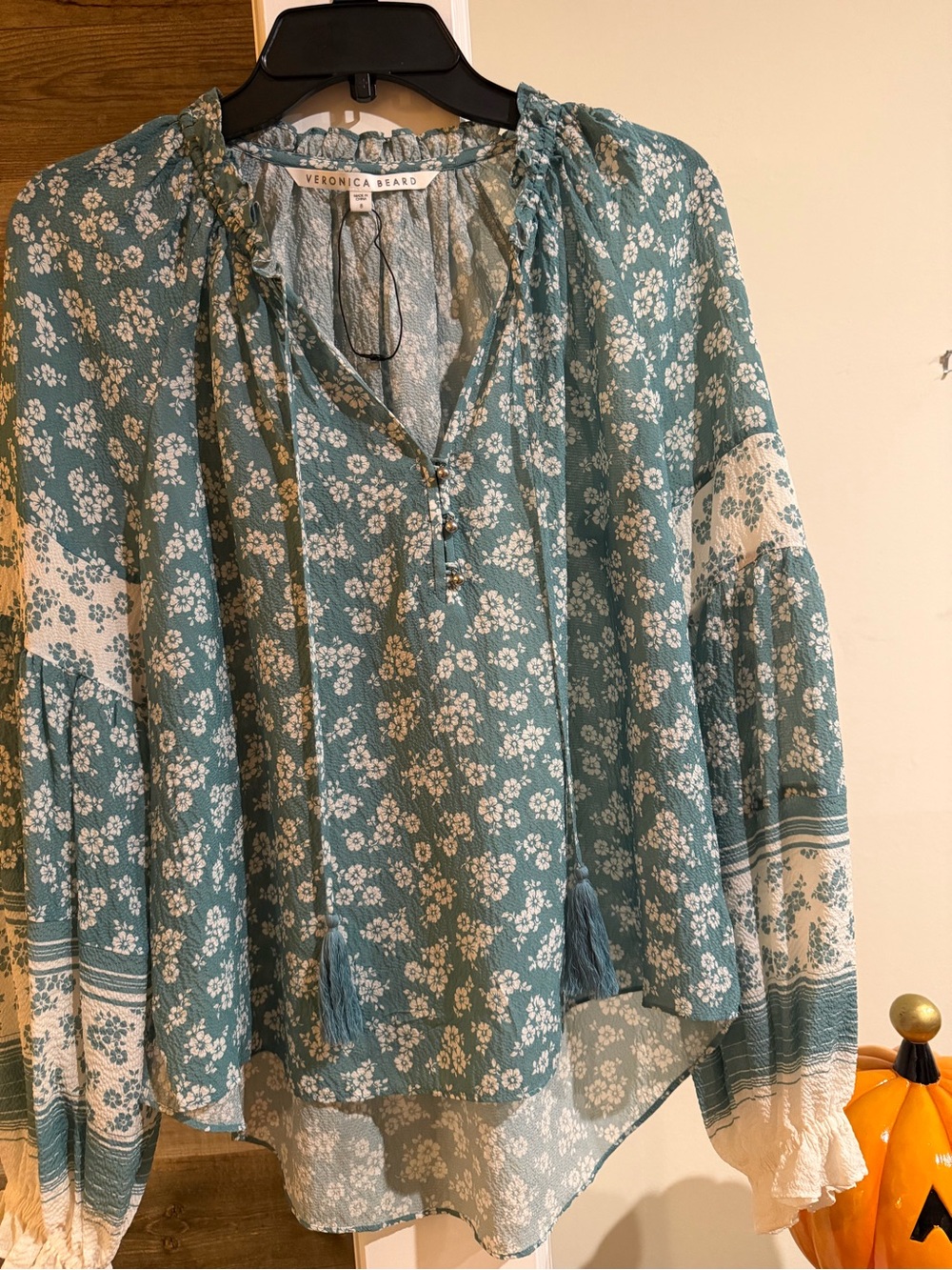Veronica Beard Teal Floral Tie-Neck Peasant Tunic